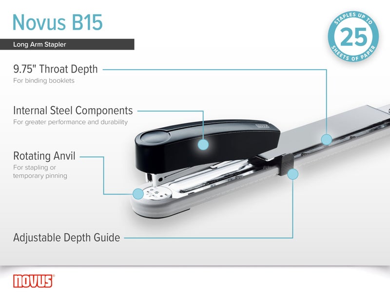 NOVUS دباسة نوفوس B15 ذات الذراع الطويل، عمق دباسة 9.75 بوصة، سعة 25 ورقة، مصممة في ألمانيا، دباسة | دبوس، محرك فولاذي، ضمان 25 سنة (020-1536) - Image 3